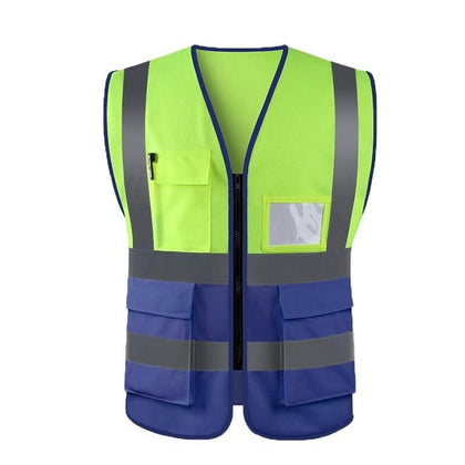 6 Pieces Multi Pocket Reflective Vest High Visibility Zipper Vest Safety Warning Vest 4 Reflective Strips - Fluorescent Yellow+ Blue