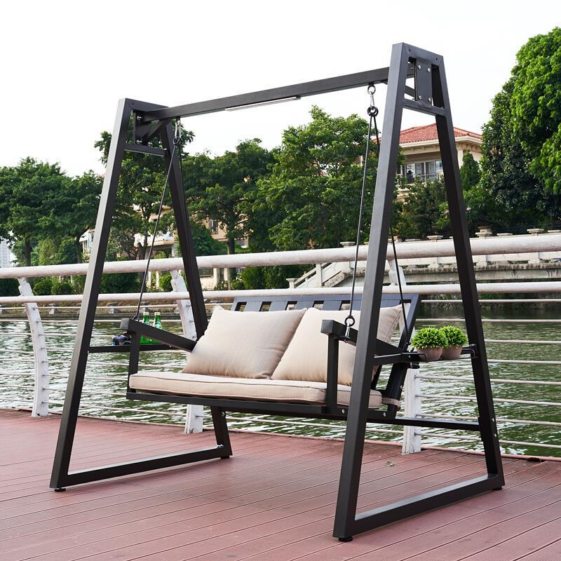 Outdoor Swing Rocking Chair Courtyard Double Hanging Chair Household Balcony Solar Iron Cast Aluminum Swing Luxury Brown Cushion Pillow